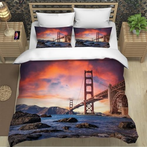 Golden Gate Bridge Duvet Cover Double Natural Scenery Bedding Double Bed Set Soft Microfibre 3D Printed USA with 2 Pillowcases with Zipped Closure, Golden Gate Bridge, Single