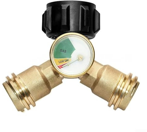 Propane Y Splitter with Gauge and Shut-Off Valve | 2-Way Brass Gas Tank Adapter for Grills Heaters Stoves | Connects Two Appliances to One 5-20lb Propane