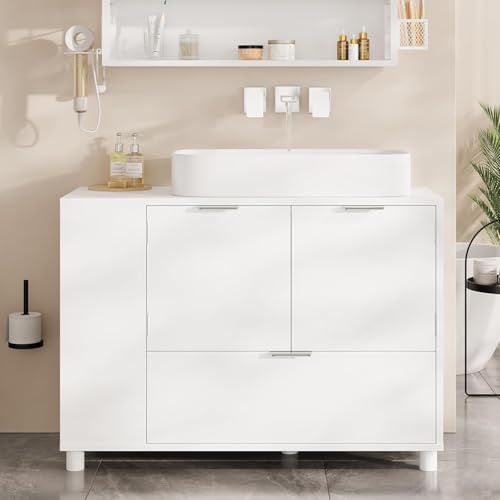 FORABAMB Mobile Sottolavabo Bagno con Ripiano Laterale Portaoggetti, Mobile Sottolavabo per Bagno con 2 Ante e 1 Cassetto, Sotto Lavabo Bagno con 1 Ripiano Regolabile e Piedini, 70x35x60 cm, Bianco