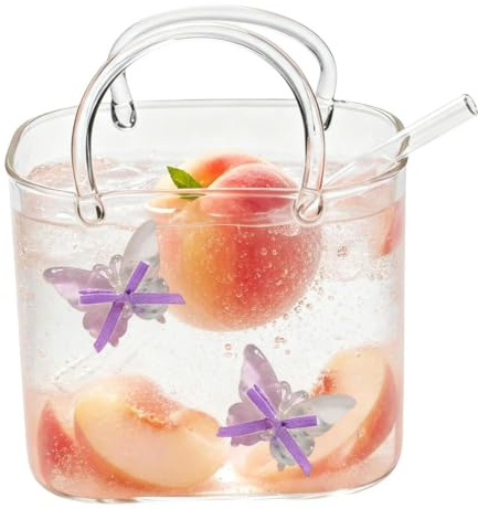 Ofcwoa Handväska i glas för drycker | Handväskformad vas med sugrör | Cocktail vinglas | för iskaffe, smoothies, fruktjuicer, blommor, vin, cocktails, likör, drycker och festdisplay