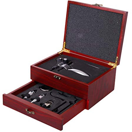 MisFox Juego de Accesorios para Vino, Caja de Regalo de Madera para Vino de Navidad con Cajón Que Incluye Sacacorchos de Conejo, Tapones de Vino, Termómetro, Cortador de Papel de Aluminio, Vertedor