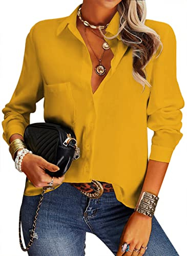 NONSAR - Chemisier élégant pour Femme - Col en V - Manches Longues - Décontracté - avec Boutons - Chemise Ample à Manches Longues pour Le Travail - Couleur Unie (S, Jaune)