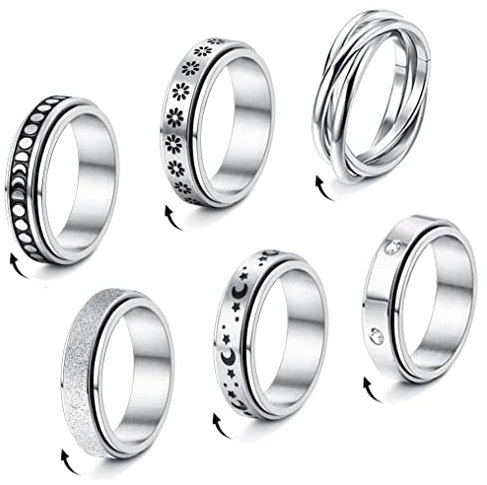KALVICA 6 Stück Edelstahl Dame Ringe Silber Spinner Ring Set Fidget Anxiety Ringe Matt Finish Poliert Band Ringe Ehering Verlobungsringe Vintage Fidget Ring für Damen Männer 49-62
