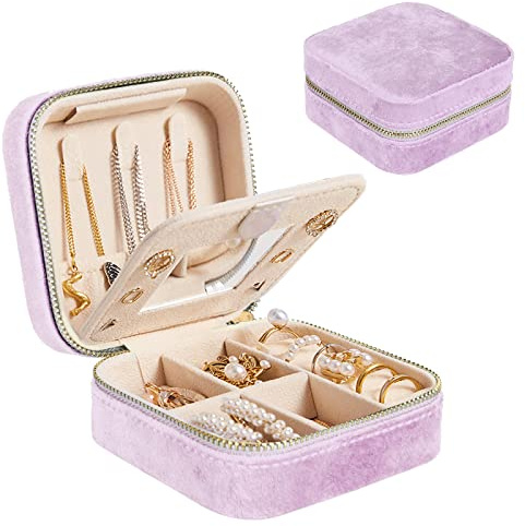 Darbermu Mini Jewelry Box Organiser - Purple Portable Travel Case, Velvet Double Layer Bag With Mirror for Rings, Earrings, Necklaces, Bracelets - Gift Box for Girls and Women