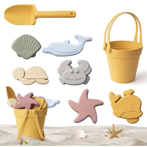 YANGUN 9 Pezzi Set di Giochi da Spiaggia in Silicone, Giocattolo da Spiaggia in Silicone, Set di Giocattoli da Gioco con Sabbia per Bambini