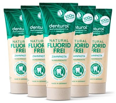 dentural by happybrush Naturkosmetik Fluorfri tandkräm med mintsmak – fluorfri tandkräm med 5 skydd för frisk andedräkt – mikroplastfri – 5 x 75 ml