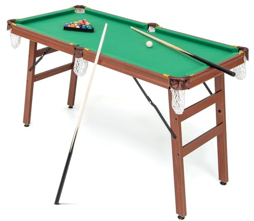 GOPLUS Table de Billard Pliable, Mini Billard Enfant Pliant avec Pieds Pliables et Réglables, Coins Protégés en Cuir, 2 Queues, 2 Craies, 16 Boules, Triangle, Brosse, pour Enfants Adultes,138x67x79CM