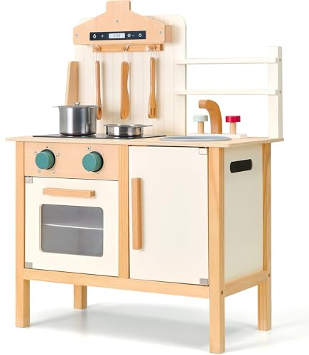 PairPear Spielküchen aus Holz für Kinder mit Metalltöpfen & Kochzubehör, 3-stufig höhenverstellbar, Spielküche mit Holzutensilien, Geeignet für Kinder ab 3 Jahren