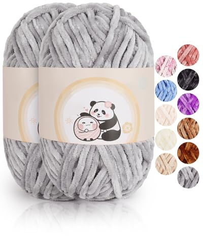Aeelike Chenille ull, 2 x 100 g, supermjukt virkgarn för handvävning, ljusgrå