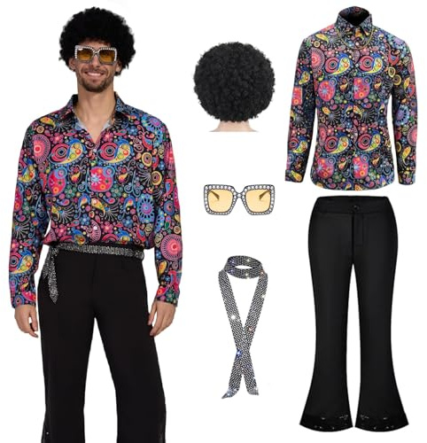 Ginkago Lot de 5 costumes disco des années 70 - Style hippie pour homme - Avec pantalon évasé à paillettes - Chemise des années 80 - Carnaval - Pour cosplay des années 50, 60, 70 - Halloween - Violet