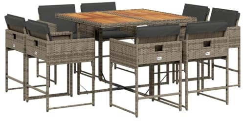 vidaXL Garten Essgruppe 9-TLG., Gartenmöbel Set Tisch mit Holzplatte 8 Stühle, Gartengarnitur mit Kissen, Sitzgruppe Terrasse, Grau Poly Rattan