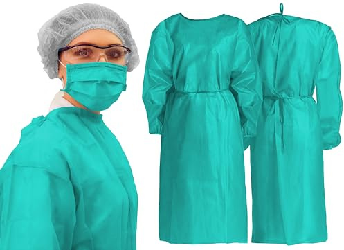 Tiga-Med Vlieskittel Einweg 110x140 cm – unbeschichtet, atmungsaktiv – Hygienekittel/Schutzkittel für Medizin, Pflege & MRSA – grün, mit Armbündchen (50)