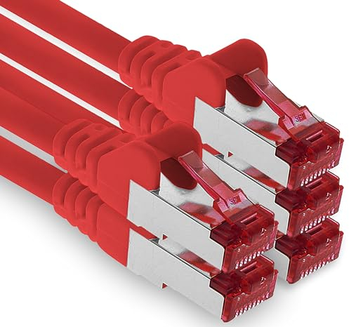 1aTTack.de - 5x 10m CAT6 patch cable S/FTP PIMF shielding CAT.6 RJ45 network cable Ethernet cable DSL LAN router switch modem patch panel - red - 5 pieces