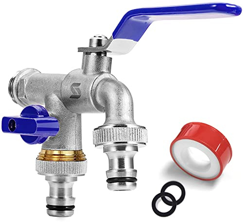SPGOOD Wasserhahn Garten, Doppel Auslaufhahn, 1/2 Zoll Anschluss(Blau) | Messing Rost, Frostsicher, mit 2 x 3/4 Zoll Abgänge, Schlauchanschlüsse, 1x Rollendichtband für Waschmaschine Garten