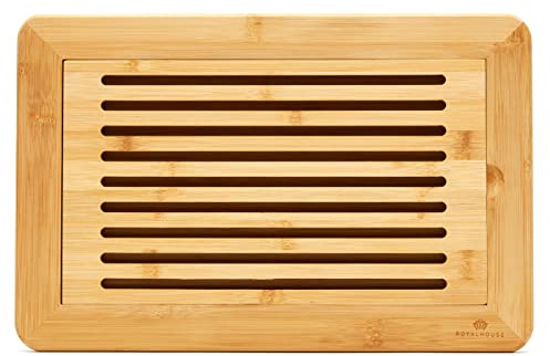 RoyalHouse Grande planche à découper en bambou naturel de qualité supérieure avec plateau à miettes, plateau de service à pain pour la cuisine