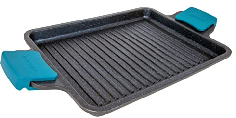 Arcos Grill Antiadherente Aluminio Fundido 34x26 cm, Apto para Todas las Cocinas, Asas Silicona, Ahorro Energético, Lavavajillas, Negro/Azul, Serie Thera