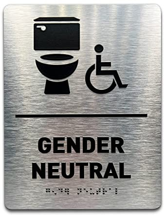 Gender Neutral Restroom ID Sign - Toilet Icon, Wheelchair Accessible, ADA Compliant Bathroom Sign, Raised Icons, Raised Braille, Brushed Aluminum, TCO Inspection Certified, Install Ready (6W x 8H)