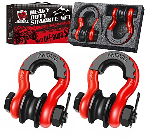 AMBULL Upgraded Snatch Block, 3/4 D Ring Shackle (2 Pack) 22,000lb Break Strength with Towing Pulley, Heavy Duty Offroad Recovery Accessory for Truck, Tractor, ATV & UTV - Red