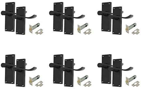 Haven Heritage Door Handles Victorian Scroll Lever Latch in Matt Black Inc Tubular Latch - Back Plate Size 118mm x 40mm. Internal Sold in Pairs (6)