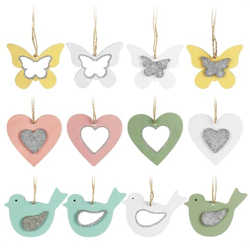 com-four® 12x Dekoaufhänger aus Holz mit Glitzer - Schmetterling, Herz und Vogel Anhänger für Osterstrauch - Frühlingsdeko - Holzschmuck zum Aufhängen - Osterdekoration innen (12x - Falter/Herz/Vogel)