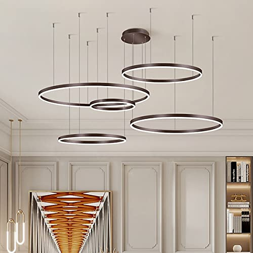 HYQJUNE Modern 5 Ringe Ring Pendelleuchte 136W LED Dimmbar Wohnzimmer Kronleuchter Schick Hängeleuchte Schlafzimmer Salon Esszimmer Leuchter Verstellbare Höhe Kombination Hängelampe,Braun