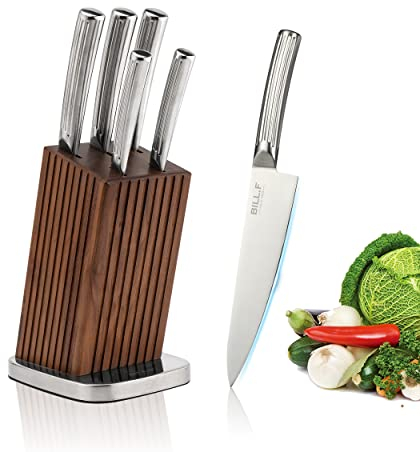 Messerblock mit Küchenmesser Set, Chefmesser 20 cm, Brotmesser 20 cm, Schneidemesser 20 cm, Allzweckmesser 11 cm, Gemüsemesser 9 cm