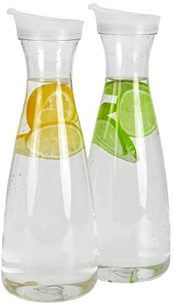 BEIEM 2 st 1 l vattenkaraffer i plast med vit flipflik – mat och återvinningsbara okrossbara kannor –