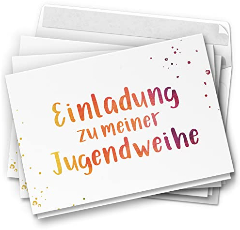 10 Jugendweihe Einladungskarten - Motiv Regenbogen Schrift - moderne Einladungen Klappkarten mit Umschlägen
