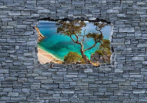 wandmotiv24 Fototapete 3D Alter Baum auf einer Klippe - grobe Steinmauer, 300 x 210 cm - selbstklebende Strukturtapete, Wanddeko, Wandbild, Wandtapete, 3D-Optik, Wandbruch, Landschaft M0636