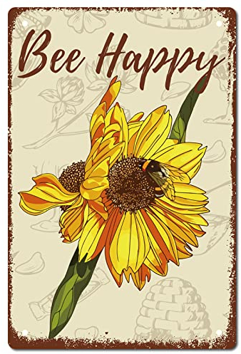 CREATCABIN Sunflower Tin Sign Bee Happy Metal Wall Decor Decoration Art Mural Retro Vintage Spring Summer Flower for Home Garden Kitchen Bar Pub Living Room Office Garage Poster Plaque 12 x 8 Inch