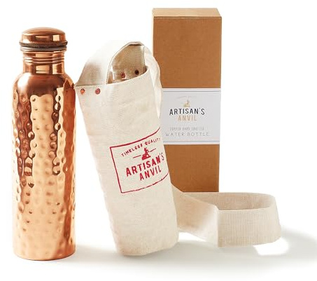 Artisan's Anvil Copper Water Bottle - 32oz - Versatile and Travel-Friendly Pure Copper Water Bottle – Ayurvedic Copper Drinking Bottle for Women and Men – Wide Mouth Design – Carrying Canvas Bag