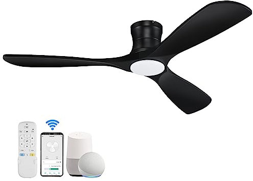 Ventilador de techo inteligente moderno con control remoto de luces, ventilador de techo negro para interiores y exteriores, ventilador de techo reversible de 52 pulgadas
