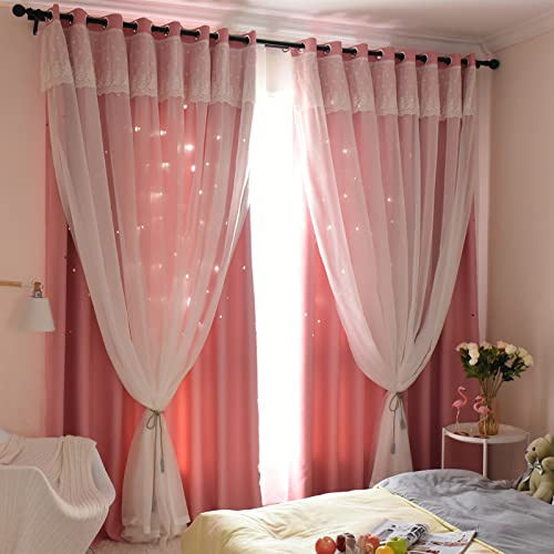 Freyamy 2er-Set Gardinen Mädchen Rosa Glänzend Sterne Spitze Vorhänge mit Ösen Halbtransparent,Kinderzimmer Vorhang für Schlafzimmer Wohnzimmer Verdunkelungsvorhang 160 x 132 cm (HxB)