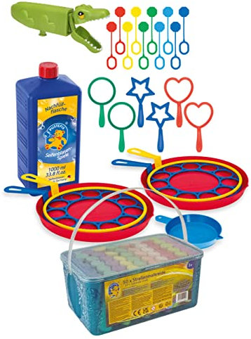 PUSTEFIX Ringe Set 2 + MALEFIX Straßenmalkreide 50er - Verschiedene Ringe + 1L Nachfüllflüssigkeit für Seifenblasen + Box leuchtender Kreide Farben