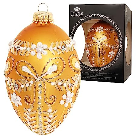 Krebs Glas Lauscha - Weihnachtsdekoration/Christbaumschmuck aus Glas - Weihnachtsbaumanhänger als Glas-Ei - Farbe: Gold Satin - Glitzernd Verziert mit Dekoperlen - Größe: 10 cm