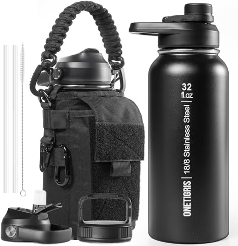 OneTigris Gourde en acier inoxydable, bouteille d'eau 1L haute capacité, bouteille de sport avec un bon effet isolant pour vélo, camping, yoga, salle de sport, airsoft, Noir, 32OZ