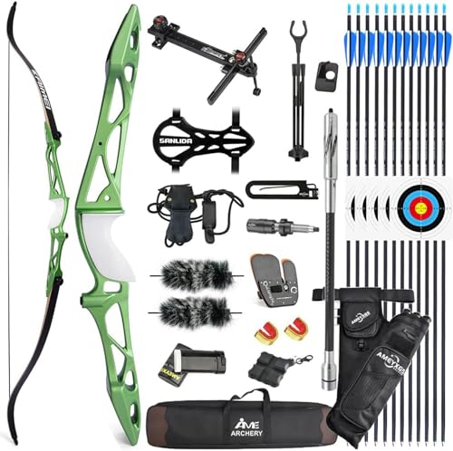 HNZMDY 68 Zoll Takedown Recurve Bogen Set für Erwachsene Teens 16-40lbs Wettbewerb Jagdbogen Metall Langbogen Bogenschießen Schießen Ziel Praxis Rechtshänder (26lbs, Grün)