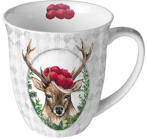 Ambiente Tasse en porcelaine - Environ 400 ml - Pour thé ou café, automne, hiver, Noël, cerf de Noël, cerf dans cadre