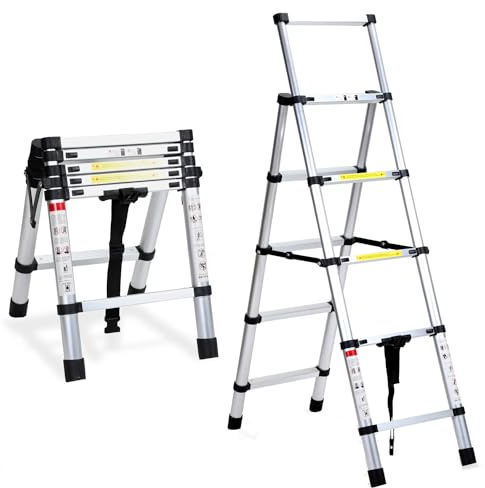 Fiqops 1.4+1.7M Klappleiter Teleskopleiter, A-Rahmen 4+5 Sprossen Aluminiumleiter, Rutschfester Aluleiter, Ausziehbare Leiter Mehrzweckleiter Maximale Tragfähigkeit 150kg