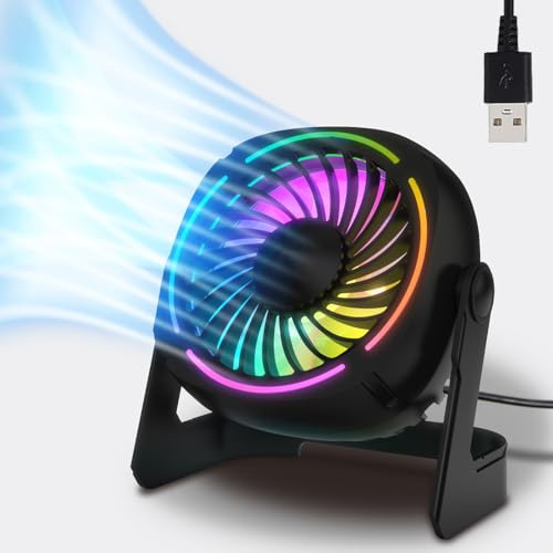 Ventilador de escritorio USB RGB pequeño con 8 modos de luz, ventilador de mesa con 3 velocidades, rotación de 360°, funcionamiento silencioso, ventilador de escritorio portátil para el hogar,