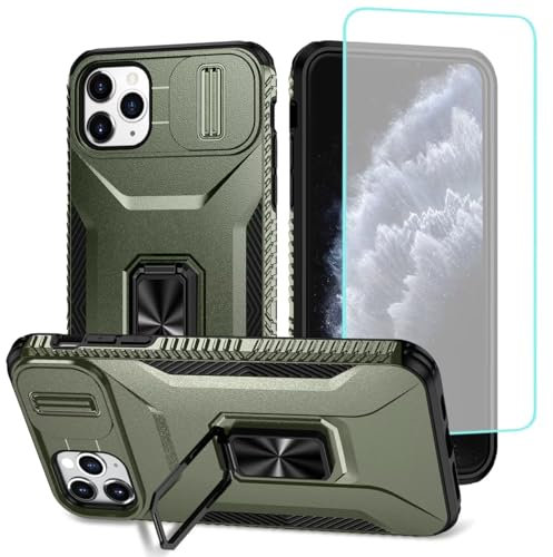 Wanyuexes Case for iPhone 11 Pro Max Case with Tempered Glass Screen Protector and Slide Camera Cover, Rotated Ring Car Mount Holder Shockproof Cover for iPhone 11 Pro Max Green