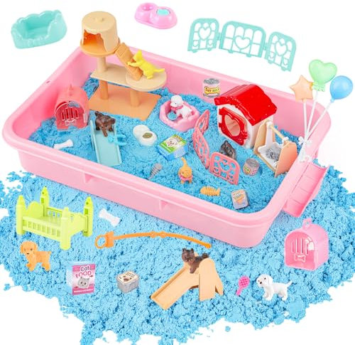 deAO Juego Arena Mágica para Niños con 42 Piezas, Animales Gato y Perro, Arena Sensorial Colores, Caja de Almacenamiento con Tapa, Juguete Educativo para Niños 3-8 Años