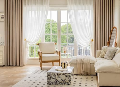 KnSam Juego de 2 cortinas de café ligero para sala de estar, cortinas opacas para habitación infantil, color liso, chenilla con ojales de trama, estampado, cortinas opacas, 132 x 214 cm cada una