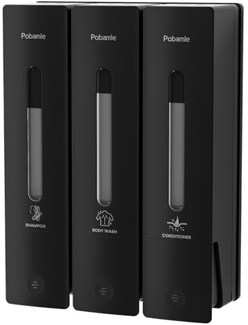 Pobamle shower soap dispenser wall mounted no drill shampoo and conditioner dispenser 3 chamber black