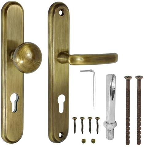 ALSTEN TECH Türklinke mit Türknopf 90 PZ Profilzylinder Universal Patina | Langschild Drückergarnitur italienische Türbeschläge klarlackiert verstärkt Türgriff Innenschild 5mm Außentür Innentür