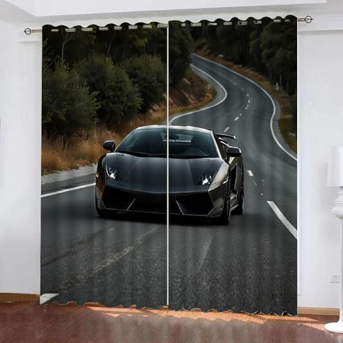 Auto Gardinen Motiv Schwarz Rot Sportwagen 2 Stück H 160Cm X B 70Cm, Vorhang Blickdicht Ösen Kurz,Verdunklungsvorhänge Kinderzimmer Mädchen Jungen,Kinder Vorhang Verdunkelung Für Schlafzimmer,A28