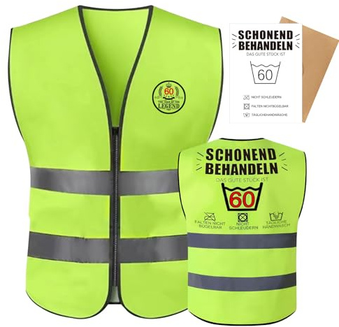 Zasvec 60. Geburtstag Mann Geschenk Weste Dekoration mit Grußkarte und Umschlag, Fluoreszierendes Grün mit Reflektierenden Streifen, 65x60cm, 18x12cm, 3 Stück