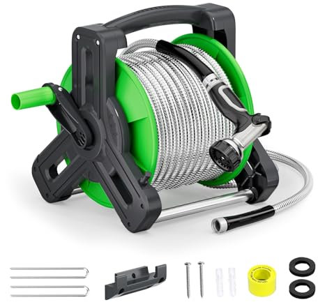 SPECILITE Wall Mount Garden Hose Reel with 74ft 304 Stainless Steel Garden Hose Metal, Portable Hose Reel, Heavy Duty Water Hose Reel with Nozzle for Outside, Yard, Patio
