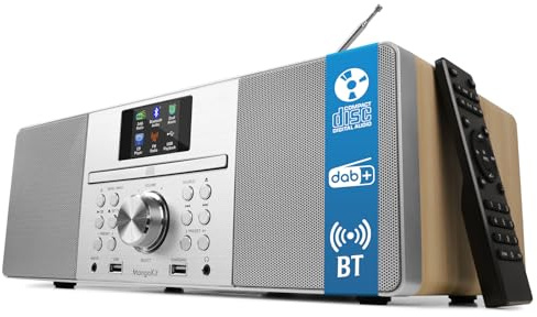 MangoKit MS1 Lecteur CD, Dab/Dab+ & FM, Bluetooth, 80W Stereo HiFi, Érable | Écran couleur, 60 présélections, télécommande, coffret bois acoustique, prise casque, double alarme, égaliseur, USB et AUX