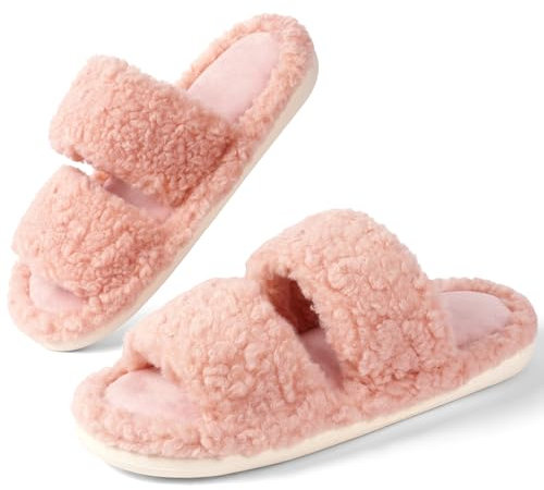 OFFCUP Plüsch Hausschuhe Damen, Plüsch Pantoffeln Winter Slides, Gemütliche Damen Hausschuhe Offene Zehenpartie Warme Pantoffeln Damen Pelzige Flache Slippers Trendig für Drinnen und Draußen